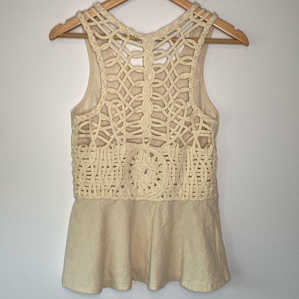 Free People Macrame Peplum Sleeveless Top in Cream / Ivory Small - Picture 2 of 7